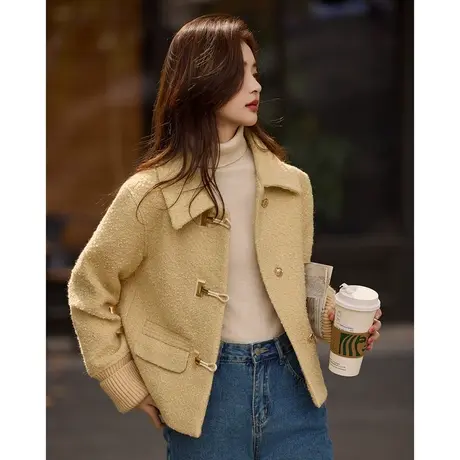 时尚气质毛呢外套2023年冬季新款百搭温柔淑女短款厚翻领呢子上衣商品大图