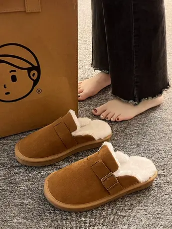 加绒保暖勃肯拖鞋女外穿2023年秋冬新款懒人一脚蹬平底包头棉拖鞋商品大图