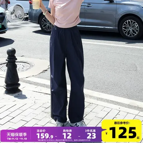 yoe藏青色休闲裤女美式复古褶皱工装裤抽绳小个子松紧腰直筒裤ins商品大图