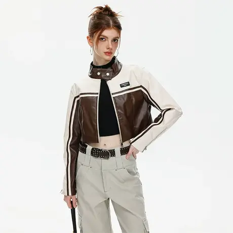 美式辣妹风立领皮衣女2023新款春秋拼接复古修身短款pu皮夹克外套商品大图