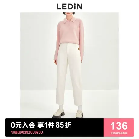 乐町米色复古灯芯绒休闲裤2022秋冬宽松简约加厚白裤子女小个子商品大图