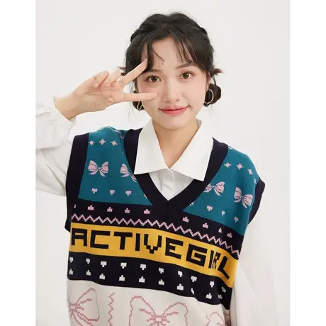 v领古着vintage毛衣马甲背心设计感小众针织衫女新款2022秋季上衣商品大图