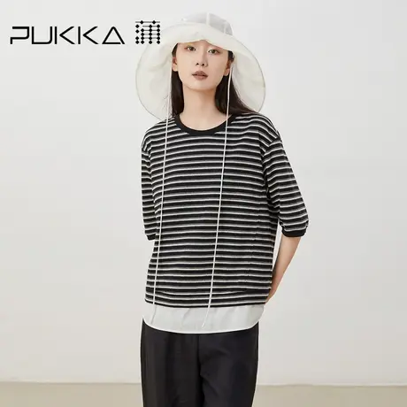 蒲PUKKA 2023春夏长绒棉经典条纹针织圆领显瘦短袖拼接T恤衫商品大图