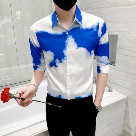 扎染潮牌夏装衬衫男士七分袖韩版痞帅气薄款短袖男生修身中袖衬衣商品大图