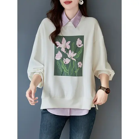 宝诗黎圆领印花钉珠宽松卫衣女秋冬休闲百搭套头搭配上衣2023新款商品大图