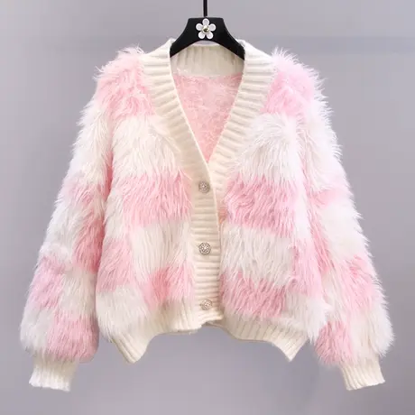 撞色棋盘格水貂绒V领毛衣外套女秋冬2023新款宽松慵懒风针织开衫图片