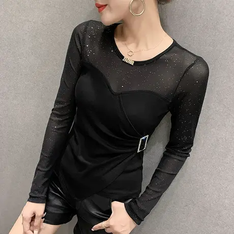 2024春装新款不规则交叉T恤网纱拼接上衣紧身内搭打底衫女长袖潮商品大图