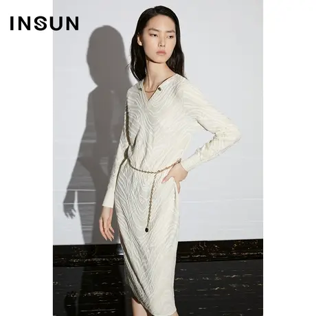 COVER2023春季斑马纹提花亮丝羊毛混纺连衣裙商品大图