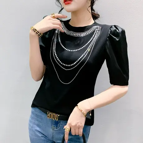 网红五分袖T恤女2024夏季新款设计感烫钻泡泡袖上衣显瘦百搭小衫商品大图