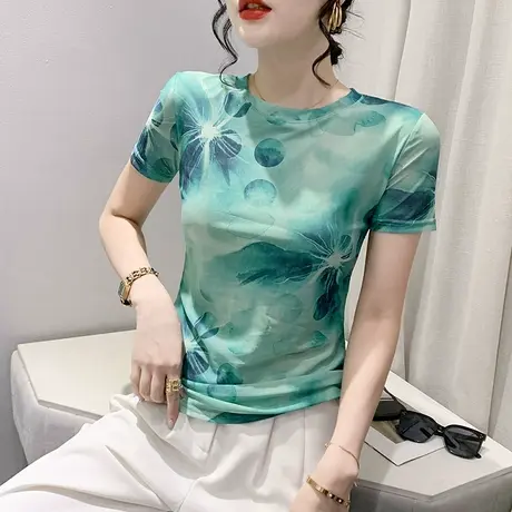 气质印花T恤女短袖2024夏装新款时尚洋气印花小衫修身网纱上衣潮商品大图