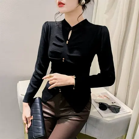 时尚立领镂空针织衫性感褶皱开叉下摆毛衣洋气修身套头打底衫秋冬商品大图