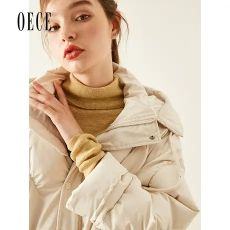 Oece秋冬新款女装 设计感学院减龄带帽中长款羽绒服商品大图