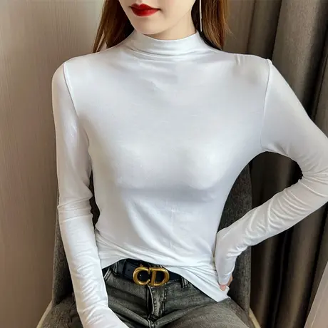莫代尔半高领长袖显瘦内搭t恤女秋冬白色气质体恤上衣新款打底衫商品大图