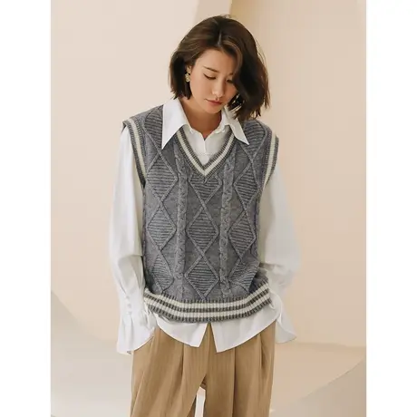 弥古灰色针织马甲背心女秋冬外穿v领法式复古毛衣马夹上衣高级感商品大图