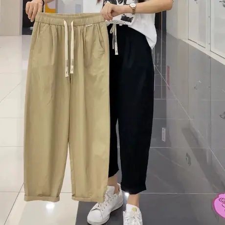 2023夏季新款港风宽松显瘦松紧腰抽绳薄款阔腿休闲裤工装裤女百搭商品大图