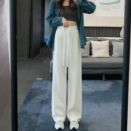 白色华夫格运动裤女高腰休闲裤春秋欧美街头显瘦阔腿小个子卫裤图片