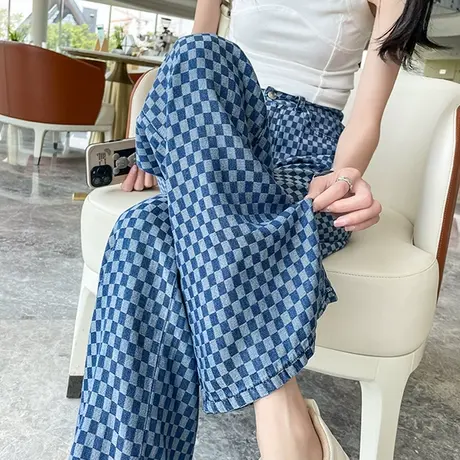 天丝阔腿牛仔裤女薄款春夏2023新款高腰显瘦宽松时尚棋盘格直筒裤商品大图
