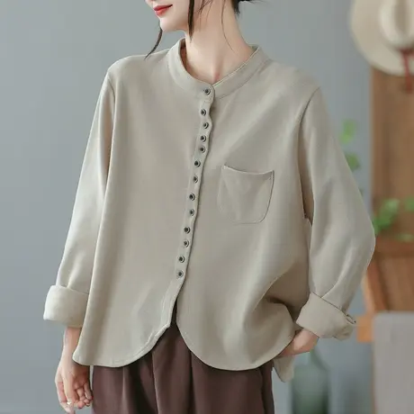 dza 复古纯棉长袖衬衫外套女士春秋宽松立领开衫百搭上衣休闲衬衣图片