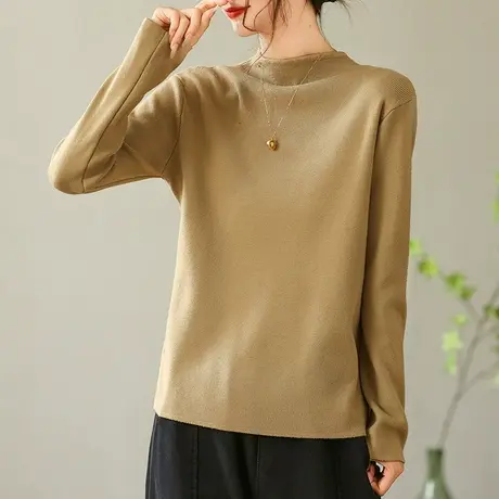 dza 复古纯色半高领棉线针织衫女秋冬内搭上衣宽松长袖毛衣打底衫商品大图