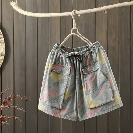 枫谜2021年夏季新款文艺复古字母印花牛仔短裤女宽松休闲牛仔热裤图片