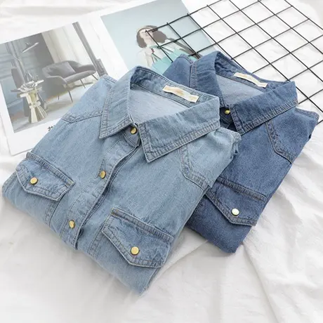 2023春秋新款韩版复古铜扣牛仔衬衫女宽松长袖百搭显瘦打底衬衣潮商品大图