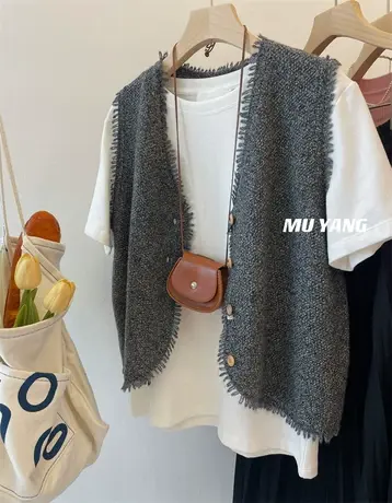 钟情设计！韩国香风新款气质流苏杂线马甲 开扣无袖羊毛背心女秋图片