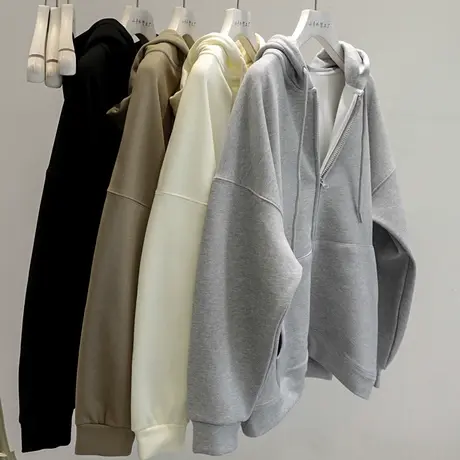 加绒加厚~韩版基础灰色开衫连帽卫衣女宽松慵懒风外套上衣秋冬季商品大图