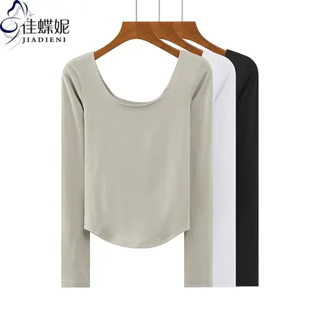 秋冬新款韩版双圆领修身下摆圆弧纯棉纯色长袖体恤上衣内搭女打底商品大图