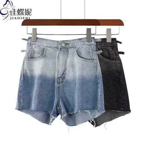 夏季新款韩版小心机露腰短裤女做旧渐变色蓝色牛仔裤破边热裤商品大图
