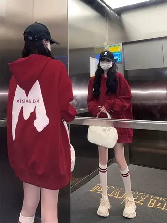 vintage美式复古连帽卫衣女潮牌ins大码秋冬加绒街头风酒红色外套图片