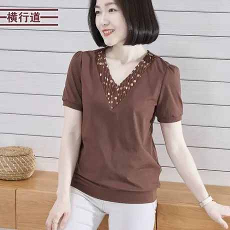 2025夏季新款简约休闲V领拼波点宽松短袖T恤女装外穿上衣大码妈妈商品大图
