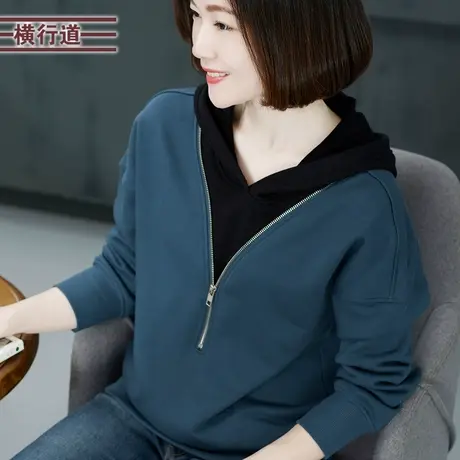 大码妈妈带帽拉链长袖上衣2025春装假两件连帽中年卫衣女休闲宽松商品大图