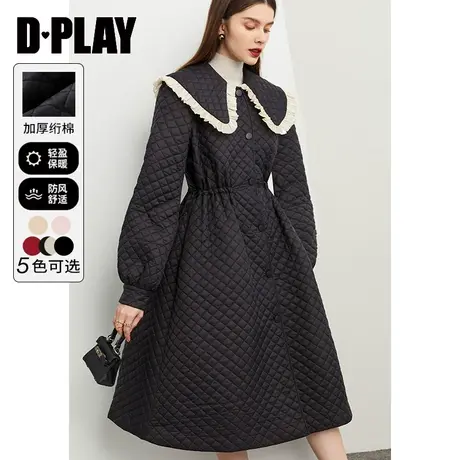DPLAY冬新款甜美拼色娃娃领菱型格棉服气质长款大摆外套商品大图