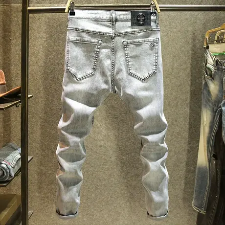 欧洲站高级灰色牛仔裤男款轻奢弹力修身小脚裤潮牌百搭显瘦长裤子图片