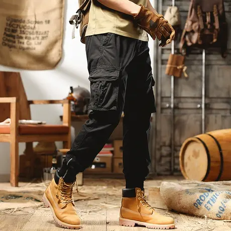 2022新款黑色工装裤男港风潮牌宽松百搭男士休闲裤多口袋束脚裤薄商品大图