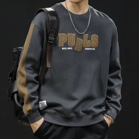 重磅潮牌美式卫衣男春秋款圆领衣服春季2024新款大码男款毛织拼接商品大图