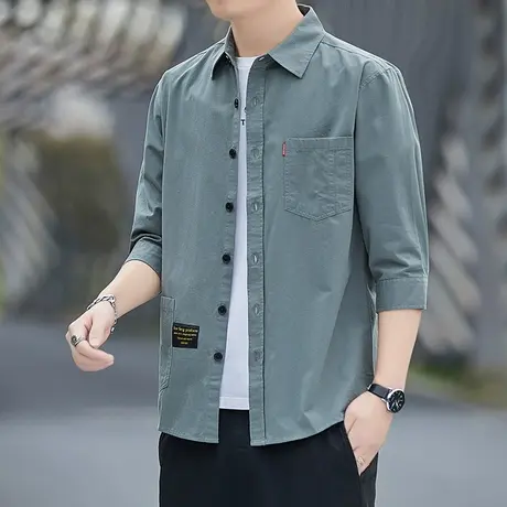 七分袖工装纯棉衬衫男夏季薄款休闲五分中袖衬衣潮流男装短袖外套图片