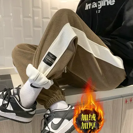 灯芯绒裤子男秋冬季束脚运动裤潮牌青少年加绒卫裤宽松直筒休闲裤商品大图