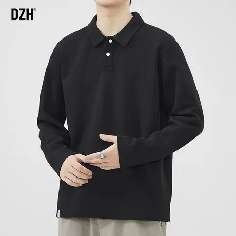 男生黑色长袖polo衫男高级感痞帅秋季套头宽松t恤潮牌体恤衫上衣商品大图