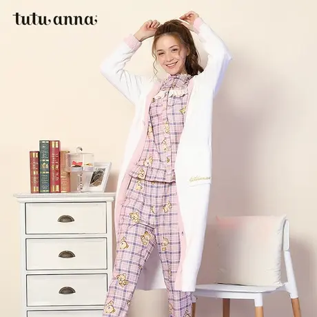 tutuanna睡衣女家居服秋冬公主风毛毛纱口袋字母刺绣长款纯色外套图片