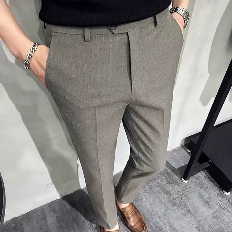 商务休闲咖色条纹西裤男修身韩版小脚长裤子秋冬微弹职业西装裤潮图片
