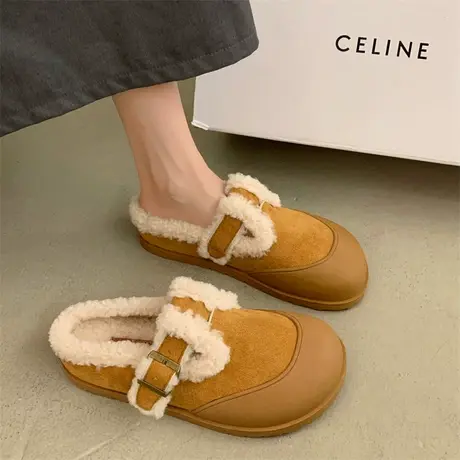复古时尚外穿包头半拖鞋女2023年新款冬季平底鞋加绒爆款休闲鞋子商品大图