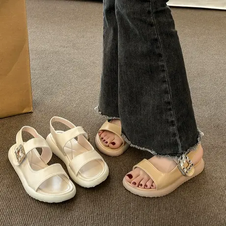 网红爆款罗马韩系仙女风凉鞋女2024年新款夏季厚底时尚平底配裙子图片