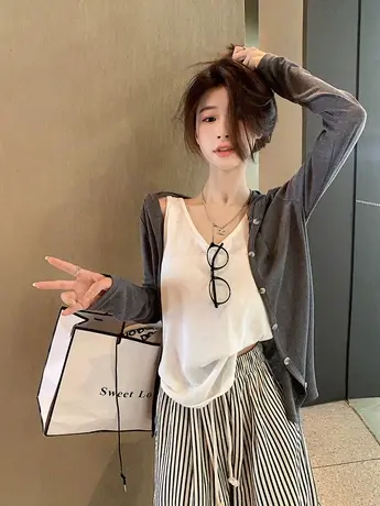 睡衣三件套女春秋2023新款高级感长袖针织衫条纹裤休闲家居服套装商品大图