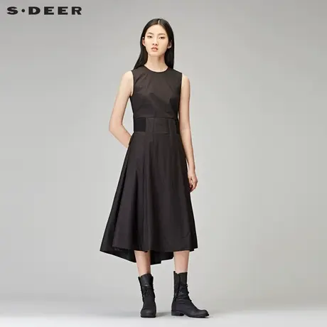 sdeer圣迪奥2018秋装气质无袖圆领高腰A版长裙连衣裙女S18181203图片
