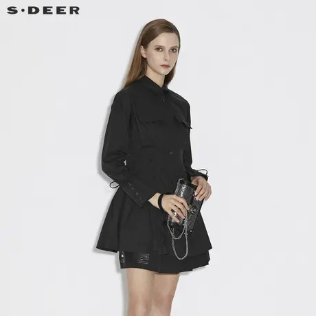 sdeer圣迪奥女装春秋装休闲翻领压褶系带黑色长袖衬衫S21360535图片