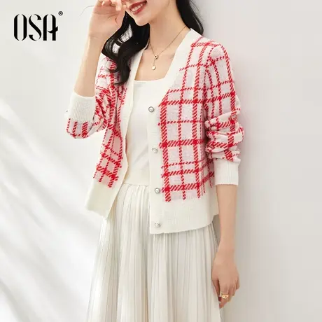 OSA欧莎格子软糯短款针织开衫上衣春装女2023年新款洋气毛衣外套商品大图