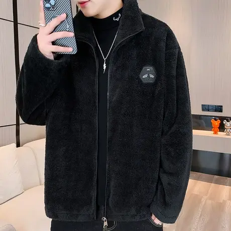 双面绒外套男秋冬加绒加厚款保暖上衣休闲痞帅潮牌摇粒绒立领夹克图片