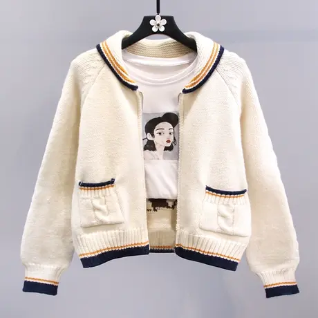 撞色条纹后背小鹿毛衣外套女冬季2023新款宽松慵懒风拉链针织开衫图片