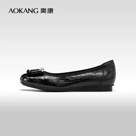 奥康女鞋 2024春季新款真皮方扣黑色简约浅口单鞋套脚办公室单鞋图片